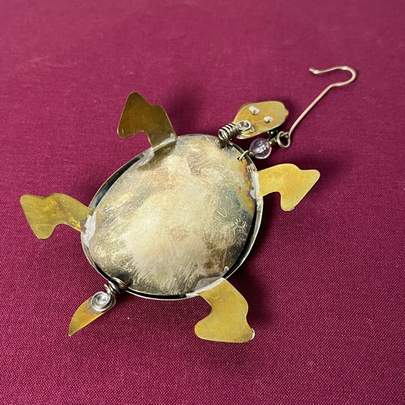 Vintage Brass Copper Silver Metal Turtle w Green Bead Eyes Ornament - Picture 5 of 6